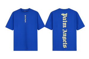 Palm Angels Blue T-Shirt featuring a large black gothic font logo