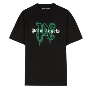 Palm Angels Milano Monogram Sprayed Logo T-Shirt In Black/Green Cotton