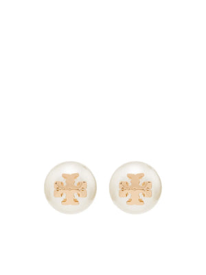 logo-plaque pearl stud earrings