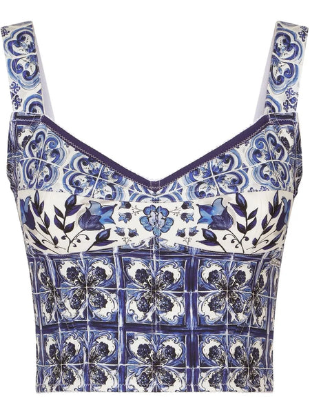 Majolica-print corset top