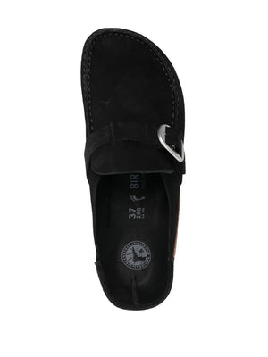 closed-toe suede mules