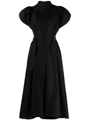 high-neck flared midi dress