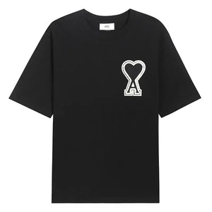 Ami Paris Pure Cotton Heart Embroidered Couple Unisex Black T-Shirt