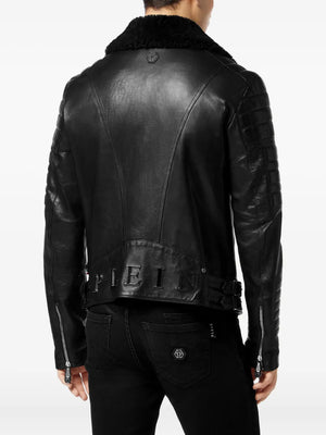 shearling-collared biker jacket