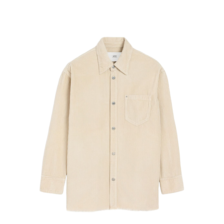 Ivory White Cotton Corduroy Side Slit Overshirt