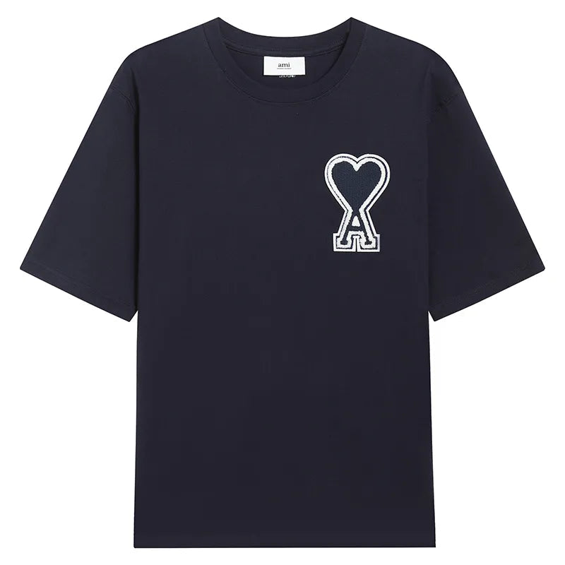 Ami Paris Pure Cotton Heart Embroidered Couple Unisex Black T-Shirt