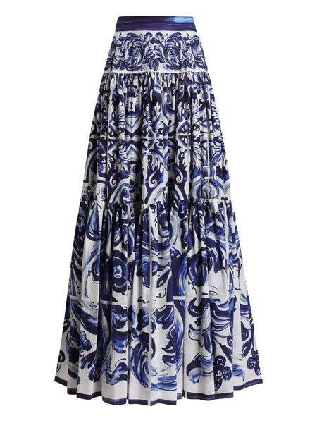 Majolica-print tiered skirt