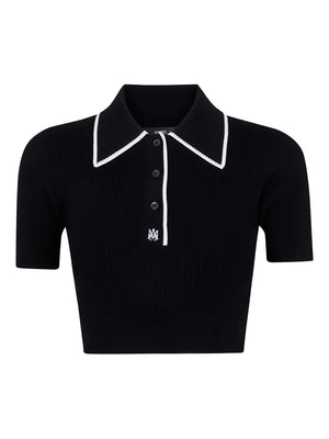 embroidered ribbed-knit polo top