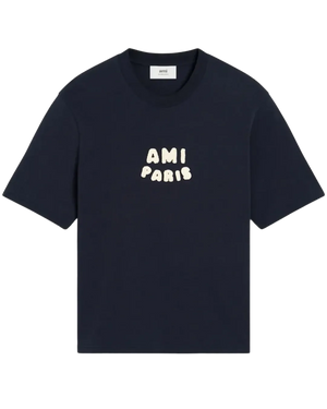 AMI Paris cotton T-Shirt with a front logo patch navy blue