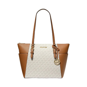 Michael Kors Charlotte Large Logo and Leather Top-Zip Tote Bag Vanilla