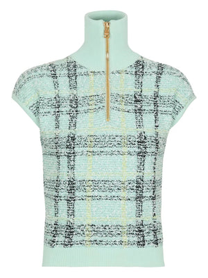 plaid-detail zip-fastening top