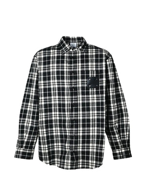 leather cross-patch checked-pattern flannel cotton shirt