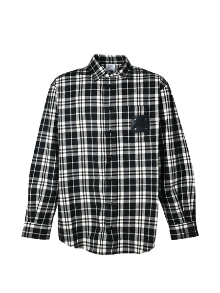 leather cross-patch checked-pattern flannel cotton shirt