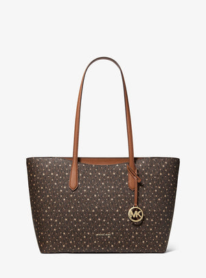 Michael Kors Arden Large Printed Signature Logo Top-Zip Tote Bag Brown