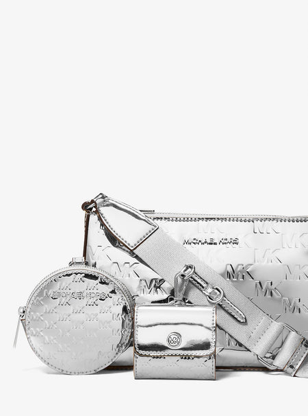 Michael Kors Jet Set Small Patent Logo Debossed Crossbody Bag with Case for Apple Airpods Pro® Silver
