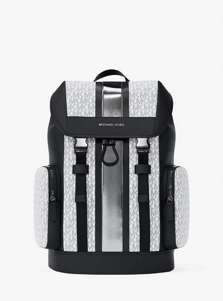 Michael Kors Cooper Metallic Striped Signature Logo Backpack Silver