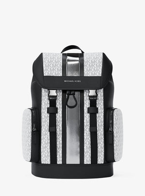 Michael Kors Cooper Metallic Striped Signature Logo Backpack Silver