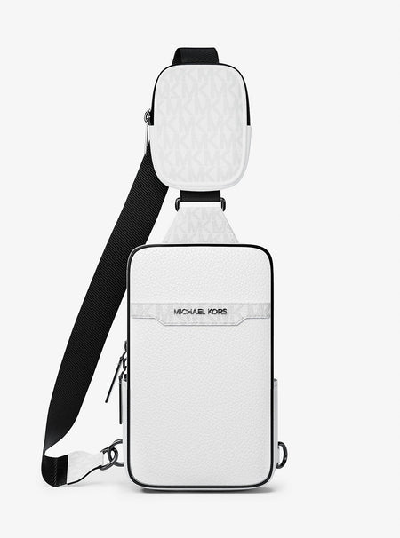 Michael Kors Cooper Medium Pebbled Leather and Signature Logo Sling Pack with Pouch Bright Wht
