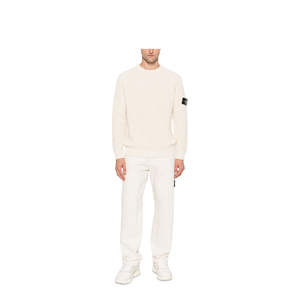 Beige Ribbed Knit Crew Neck Long Sleeves Compass Badge Cotton