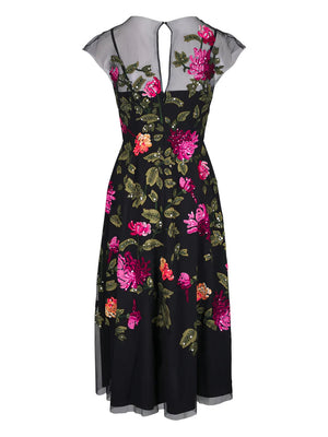 floral-embroidery tulle midi dress