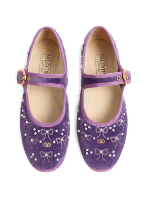 Mary-Jane endouce velvet ballerina with bow embroidery