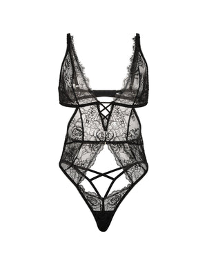 Rose Lace Plunge Crotchless Teddy