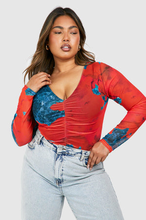 Plus Abstract Mesh Long Sleeve Bodysuit
