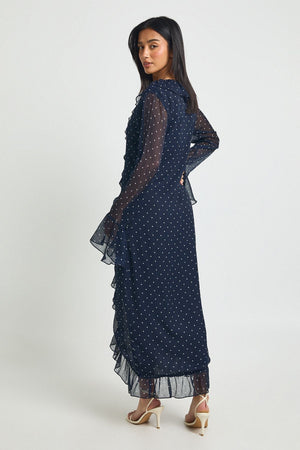Petite Chiffon Polka Dot Ruffle Detail Midi Dress