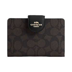 Coach Medium Corner Zip Wallet In Signature Canvas Signature Canvas-Gold-Walnut-Black