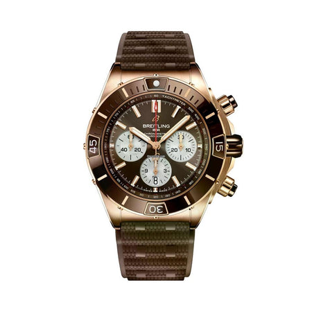 Breitling Chronomat Super Chronomat B01 44mm 18k Red Gold Brown Dial RB0136 E31 Q1 S1 1/4th second chronograph 30-minute and 12-hour totalizers