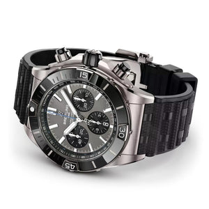 Breitling Chronomat Super Chronomat B01 44 Grey Dial Black Rubber Strap EB0136251 M1 S1 1/4th second chronograph 30-minute and 12-hour totalizers.
