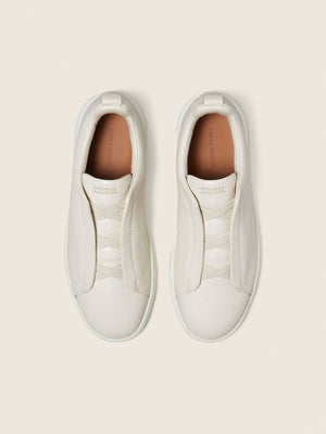Zegna White Deerskin Triple Stitch Sneakers