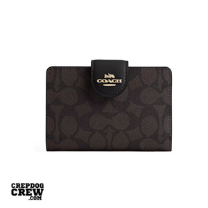 Coach Medium Corner Zip Wallet In Signature Canvas Gold Walnut Black