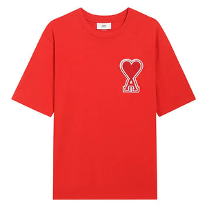 Ami Paris Pure Cotton Heart Embroidered Couple Unisex RED T-Shirt