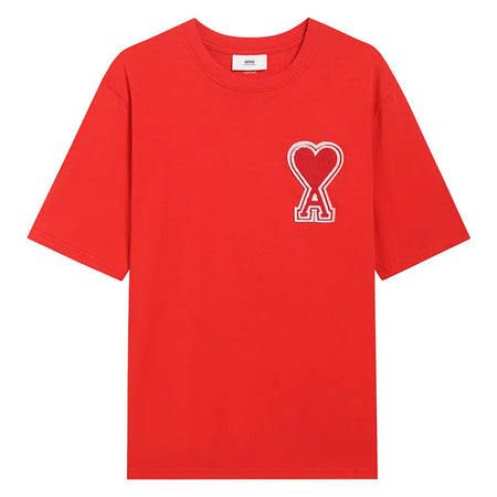 Ami Paris Pure Cotton Heart Embroidered Couple Unisex RED T-Shirt