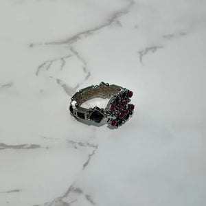 JX404 - CHANEL CC Logo Black / Purple Studs Silver Ring