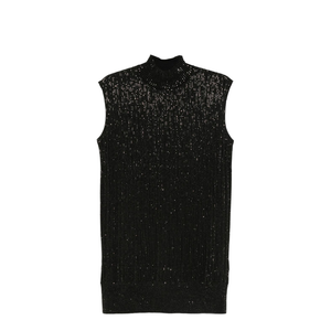 Plain-knit Virgin Wool-blend Sleeveless Dress with All-over Rhinestones
