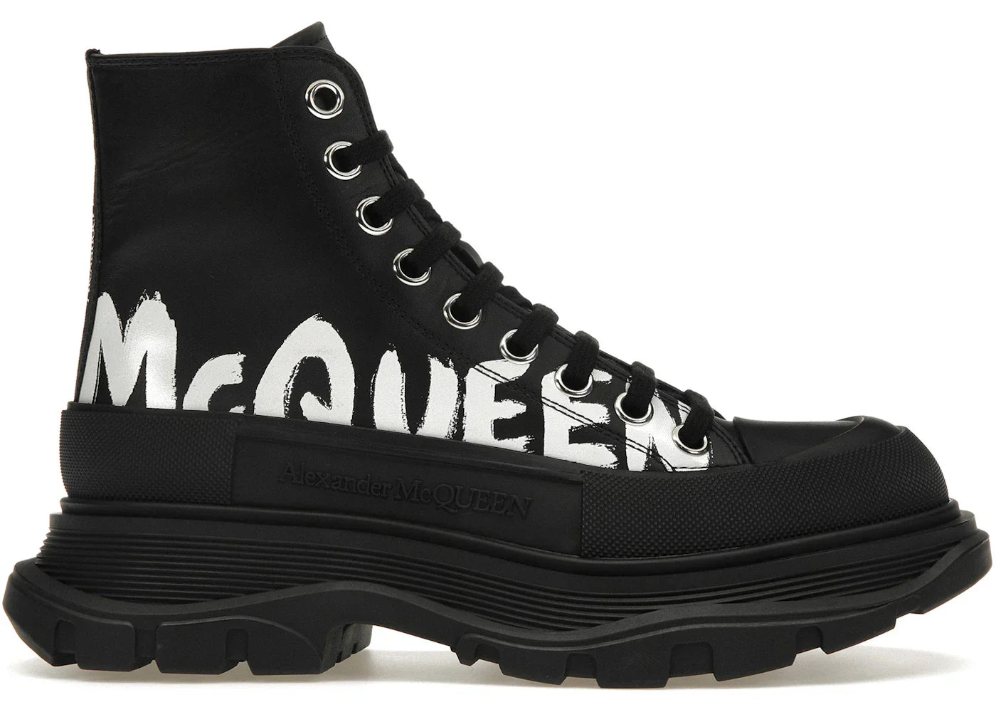 Alexander Mcqueen Tread Slick Boot Polyfaille Graffiti Black White (Women'S)