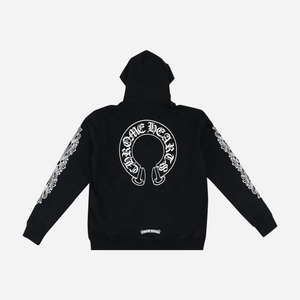 Chrome Hearts Horse shoe Floral Cross Sleeve Zip Up Hoodie Black White
