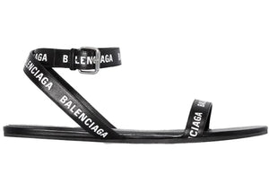 Balenciaga Black Logo Print Sandals Black Leather