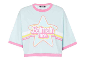 Balmain x Barbie - Blue Cotton Cropped T-Shirt with Pink Balmain Logo Print