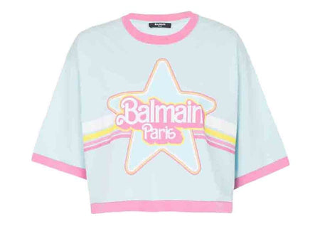 Balmain x Barbie - Blue Cotton Cropped T-Shirt with Pink Balmain Logo Print
