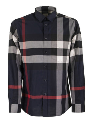 Burberry Check Stretch Cotton Poplin Shirt Navy