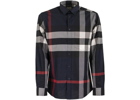 Burberry Check Stretch Cotton Poplin Shirt Navy