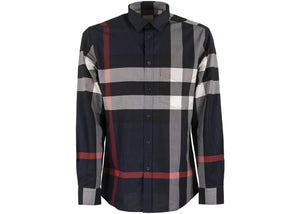 Burberry Check Stretch Cotton Poplin Shirt Navy