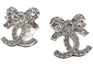 Chanel Bow Tie CC Logo Earrings Silver (ABA922)