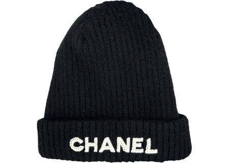 Chanel Cloche White Sequin Letter Logo Beanie AA8446 Black