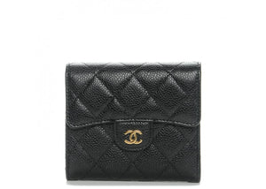 Chanel Flap Compact Wallet Quilted Caviar Gold-tone Black