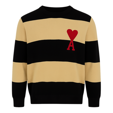 Ami Paris Ami De Coeur Sweater with Rugby Stripes Naut BLACK/Nat Brown