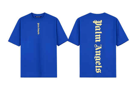 Palm Angels Blue T-Shirt featuring a large black gothic font logo